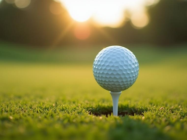 A golf ball on a tee in the late sun